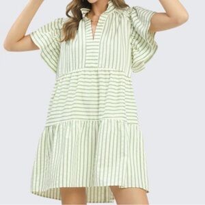 Umgee tiered babydoll dress green white stripe nwt size small
